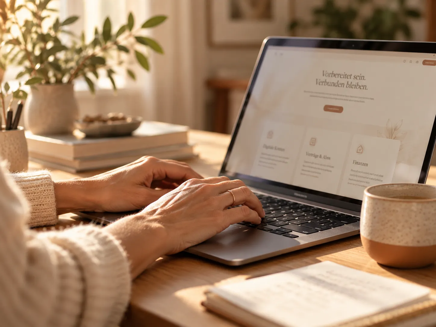 Hände arbeiten an einem Laptop, daneben Notizbuch und Kaffee